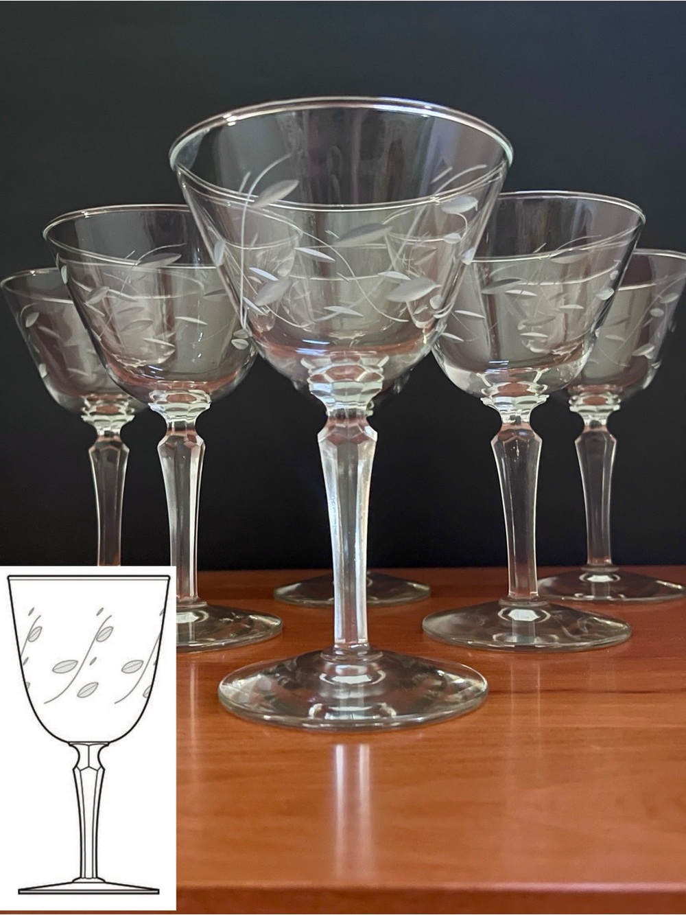 Libbey Windswept Champagne Tall Sherbet Etched Swirl Stem Leaves Clear Glasses